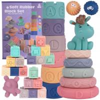 MIĘKKIE KREATYWNE KLOCKI SENSORYCZNE GRYZAKI WYPUKŁOŚCI PIRAMIDA 27 ELEM.