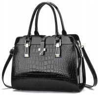 Torebka Czarna Usztywniana Elegancka Lakierowana Pojemna EKO Skóra Węża