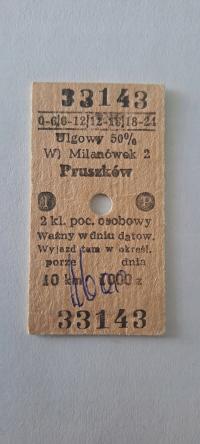 BILET KARTONIKOWY KOLEJOWY PKP MILANÓWEK - PRUSZKÓW / JAKTORÓW