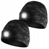 2x CZAPKA ZIOMOWA OCIEPLANA Z LATARKĄ CZOŁOWĄ LED USB 3 TRYBY ŚWIECENIA NEO