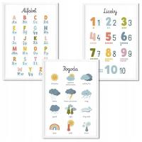 Zestaw 3 plakatów 30x40 cm Edukacyjne Różne wzory Alfabet Liczby Montessori
