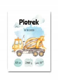 Metryczka z motywem budowlanym, betoniarka, A4