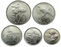 INDONEZJA ZESTAW 5 MONET 25 - 500 RUPII 1999 - 2003 PTAKI ROŚLINY MENNICZE