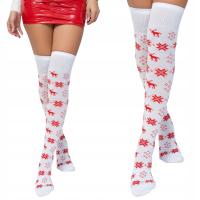 Świąteczne ZAKOLANÓWKI bawełniane WYSOKIE modne białe SKARPETKI 39-41