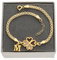 Золотой широкий браслет клевер буква любая серебро 925 позолоченный