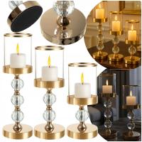 Świecznik Szklany Złoty Glamour n Nóżce Zestaw 3 Sztuki Lampion Dekoracyjny