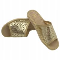 Damskie Pantofle Kapcie Odkryte Wytłaczane Ażurowe Złote