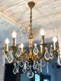 Francuski Żyrandol kryształowy 6-ramion, mosiądz Antyk Chandelier