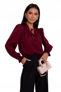 BLUZKA KOSZULA ELEGANCKA DŁUGI RĘKAW STYLOWA WIĄZANA KOKARDA BORDOWA