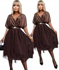 Czekoladowa elegancka wieczorowa błyszcząca cekinowa SUKIENKA damska ANDREA