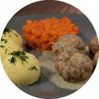 Pulpeciki w sosie koperkowym z puree ziemniaczanym i marchewką zasmażaną