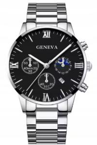 SREBRNY MĘSKI ZEGAREK DATOWNIK BRANSOLETA ELEGANCKI