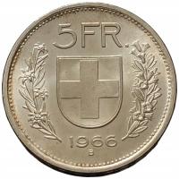 45835. Szwajcaria, 5 franków, 1966r. - Ag (15.03g/31mm)