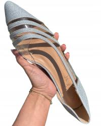 BALERINY DAMSKIE BROKATOWE W SZPIC SILIKONOWE SANDAŁY SREBRNE 42