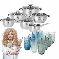 Zestaw garnków ze stali 10el z pokrywkami + zestaw szklanek żłobionych 12el