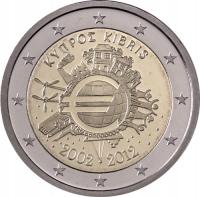 Cypr 2012, 2 euro okolicznościowe - 10 lat waluty euro - bankowy/ unc