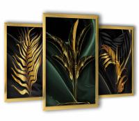 3 картины в золотых рамках 43x99 золотые листья