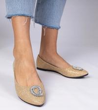 Złote damskie balerinki brokatowe z cyrkoniami Ellada