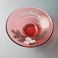 PIĘKNA RĘCZNIE MALOWANA PATERA Z RÓŻOWEGO SZKŁA MERRY CHRISTMAS 1976r