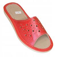 Kapcie damskie czerwone skórzane ekologiczne wysokie okrągły nos