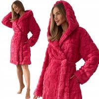 L&L CIEPŁY SZLAFROK Z KAPTUREM I KIESZENIAMI W SERCA MALINA