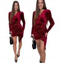Bordowa Damska SUKIENKA Welurowa Marszczona Asymetryczna Kopertowy Dekolt