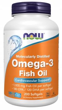 NOW Foods Omega-3 1000mg Kwasy 180mg EPA 120mg DHA Molecularly Dist 200gels