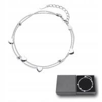 Bransoletka Damska Srebrna Podwójne Łańcuszki Serduszka Kuleczki Regulowana