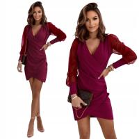 ELEGANCKA PRZEKŁADANA SUKIENKA MINI TIULOWE RĘKAWY - BORDOWA