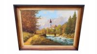 OBRAZ KOŚCIÓL NAD GÓRSKIM POTOKIEM 61x80 cm STAN DOBRY