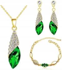 Złoty komplet biżuterii ślubnej złocone migdały łezki zielone cyrkonie