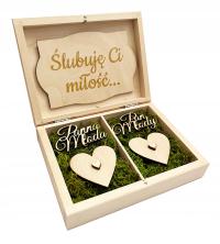 Drewniane pudełko na obrączki z personalizowanym grawerem mech ślub wesele