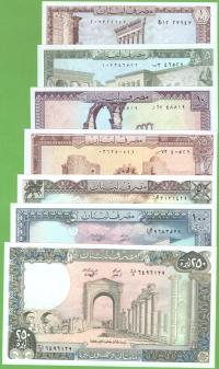 LIBAN ZESTAW 7 X 1,5,10,25.50,100,250 LIVRES 1980/1988 P-61 - 67 UNC