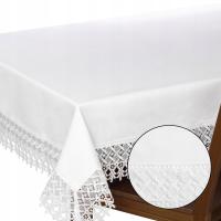 BIAŁY OBRUS Z GIPIURĄ KORONKĄ I LNEM 140x240 cm prostokątny gładki kolory