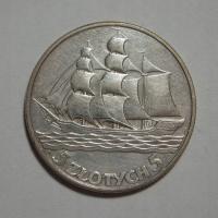 5 złotych, Żaglowiec, 1936r. Ag X6475