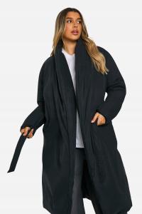 CZARNA KURTKA OCIEPLANA PŁASZCZ CIĄŻOWA Z PASKIEM GŁADKA DŁUGA BOOHOO 46