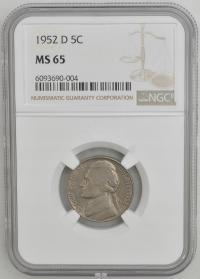 7.vv.USA, 5 CENTÓW 1952 D NGC MS65