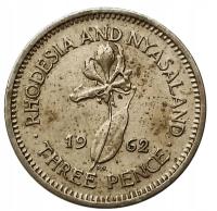 RHODESIA I NYASALAND 3 PENCE 1962 KWIAT LILIA ELIZABETH II