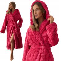 L&L CIEPŁY DŁUGI SZLAFROK Z KAPTUREM I KIESZENIAMI W SERCA MALINA