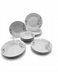 Czarno-Biały Zestaw Porcelanowy 24 el. Talerze Zdobione Kwiaty