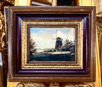 WIATRAK NAD ZAMARZNIĘTĄ RZEKĄ W JESIENNO - ZIMOWYM KRAJOBRAZIE OBRAZ OLEJNY