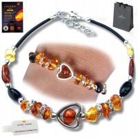 BRANSOLETKA SREBRNA Z BURSZTYNEM SERCE NA PREZENT POSREBRZANA STAL +GRATIS