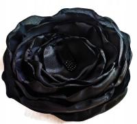 Czarna duża broszka kwiat materiał prezent 12cm