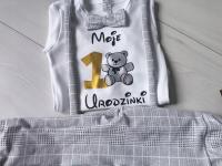 Komplet na Pierwsze Urodziny roczek rok chłopiec szara kratka miś