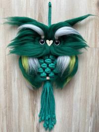 Mała Sowa pleciona szmaragdowa ze sznurka dekoracja makrama boho prezent