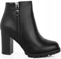 8944 CZARNE DAMSKIE BOTKI NA OBCASIE SŁUPKU SKÓRZANE ZAMEK