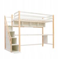 Łóżko na poddaszu dla dzieci ze schodami do przechowywania. Łóżko piętrowe z dużym biurkiem do sypialni