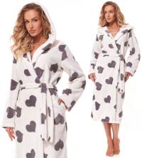 DŁUGI CIEPŁY PUCHOWY DAMSKI SZLAFROK Z KAPTUREM - SERCA - PODOMKA