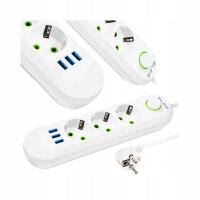 LISTWA ZASILAJĄCA PRZEDŁUŻACZ SIECIOWY 2500W WYŁĄCZNIK 3 GNIAZDA + 3xUSB 3m