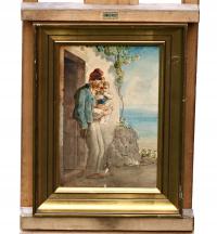 DZIADEK Z WNUKIEM WPATRUJĄCY SIĘ W MORZE - XIX WIECZNY OBRAZ - AKWARELA